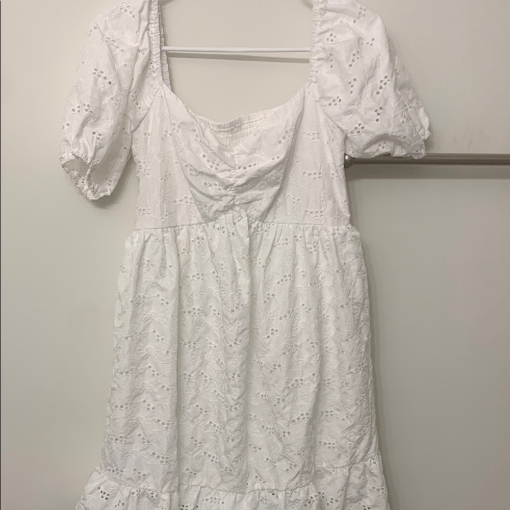 White Ruched Puff Sleeve Mini Sundress